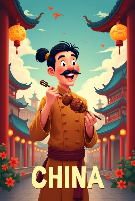 Disney movie poster featuring a Chinese man eating a cat barbecue skewer with the title "China" written on it