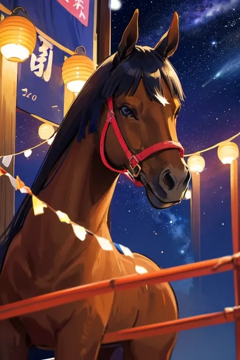 Horse wearing a yukata for Tanabata　A thoroughbred wearing a yukata for Tanabata　A horse walking on two legs and wearing a yukata　Tanabata Festival　The Milky Way shines in the night sky　Horse Wishing on a Shooting Star　Horse-focused　Horse face close-up　The...