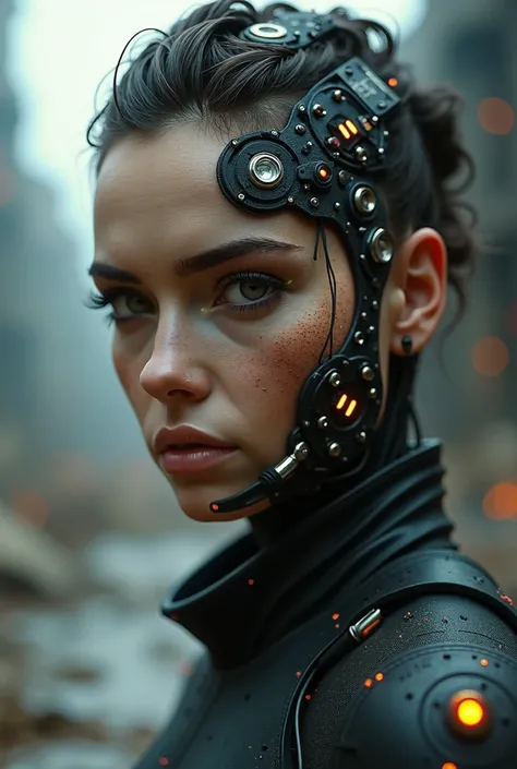 Half human half robot cyber punk post apocalypse woman face