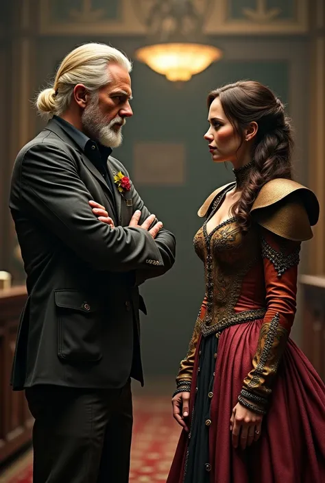 Haymitch and Effie from the hunger games talking, Create a realistic image, draws extravagant costumes and the woman made up with colors and super light skin, They are distant people