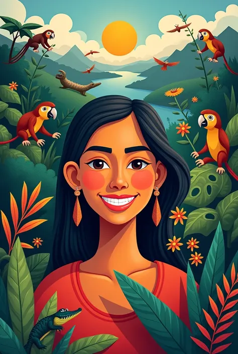 I want you to create an image in cubism where a smiling indigenous woman is represented as the main object and in the background you can see a landscape with different animals such as monkeys., parrots, Crocodile, charapas turtles, dantas, armadillo and al...