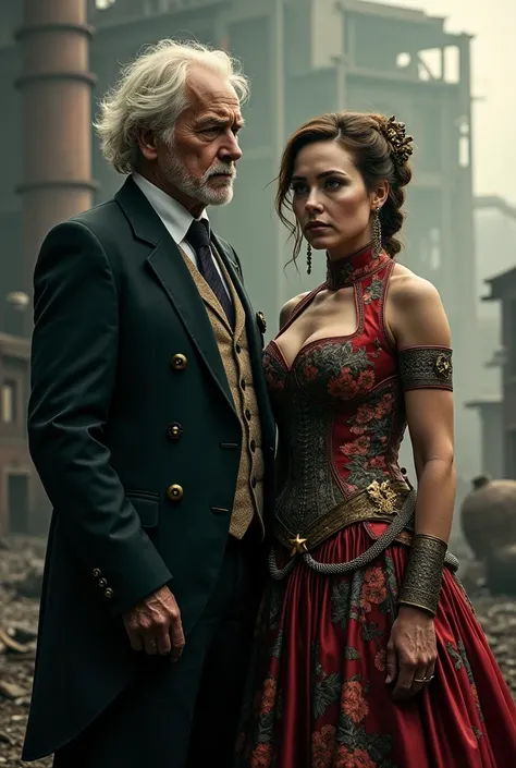 Haymitch and Effie from the hunger games talking, Create a realistic image, draws extravagant costumes and the woman made up with colors and super light skin, They are distant people in a dystopian world 