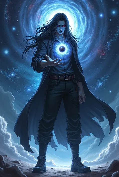 Gray-skinned man with blue and red eyes, long black hair, wearing torn clothes, black shoes, and a black gem on his chest, standing radiating power and with a universe in his hand, anime style.

