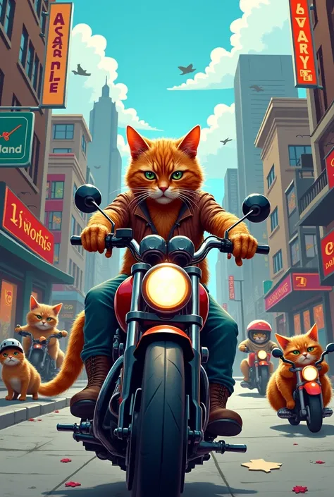 Design me a picture of a cat riding a motorcycle in the middle of a cat city