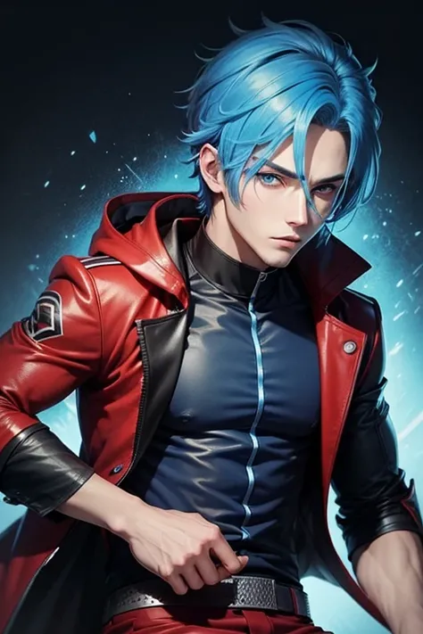 male anime character, blue eyes, blue hair, blue, red and black tone clothes, male  