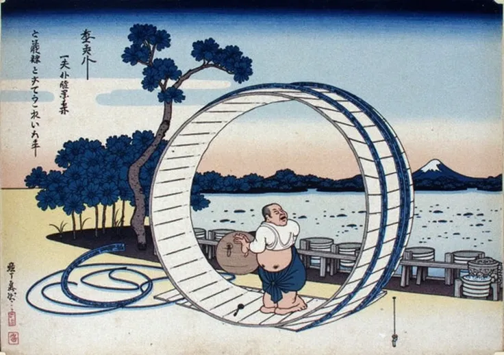 A painting by Katsushika Hokusai from the Edo period、A craftsman with a topknot is standing in the middle of a large tub, holding a microphone and singing karaoke.、Karaoke singing craftsman、Katsushika Hokusai Style、