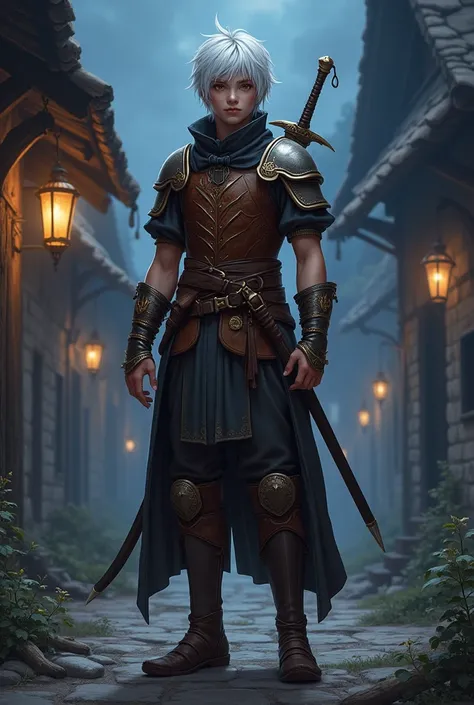 A full body drawing of a character for a medieval fantasy rpg world. A teenager, with white hair, dressed in a chest protector made of leather, steel shoulder pads, short sleeves, a gold bracelet, holding a small knife, with a sword on his back, At night, ...