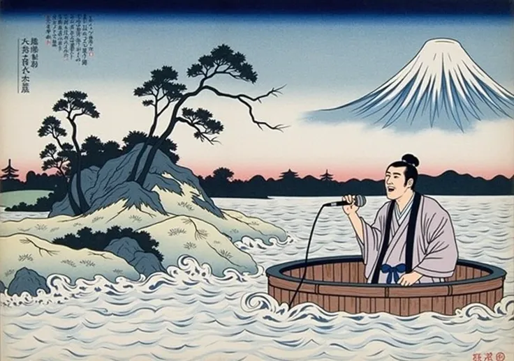 A painting by Katsushika Hokusai from the Edo period、A craftsman with a topknot is standing in the middle of a large tub, holding a microphone and singing karaoke.、Karaoke singing craftsman、Katsushika Hokusai Style、