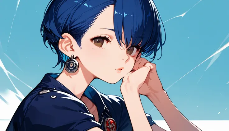 score_9, score_8_up, score_7_up, rating_safe, score_anime, masterpiece, best quality, delicate illustration, sharp line, sharp focus, (fullbody), (head rest, from below:1.2), 
break 
dark blue hair, pixie cut, bangs, (brown eyes:1.2), half-closed eyes, glo...