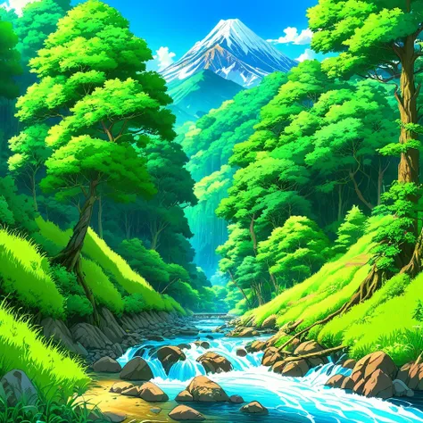 painting of a stream running through a lush green forest filled with trees, detailed painting 4 k, mountains river trees, anime ...