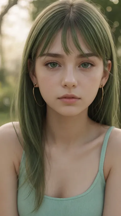 a girl. european. extremely detailed face. oval face. delicate features. half-closed eyes. green eyes. long straight hair. green hair. rosy cheeks. earrings. tank top. collarbone. tank top. short skirt. pensive expression