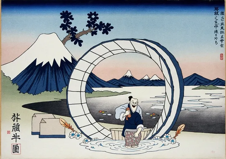 A painting by Katsushika Hokusai from the Edo period、A craftsman with a topknot is standing in the middle of a large tub, holding a microphone and singing karaoke.、Karaoke singing craftsman、Katsushika Hokusai Style、