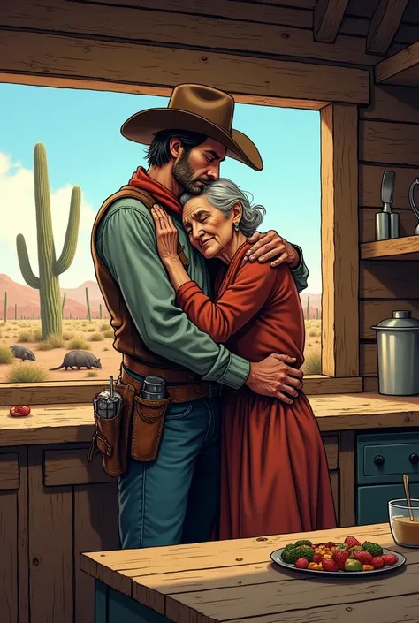 Hyperrealistic color comic a young cowboy leaning on his mother an old cowgirl woman the old cowgirl woman hugs him they are sitting in the kitchen of an old ranch in the wild west through the window you can see the desert cactus and armadillos