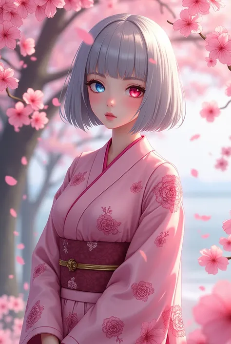 woman。Muscle White。Gray Hair。Bob。Odd Eye。Right eye is red。Left eye is blue。cherry blossoms柄のピンクの着物。whole body。cherry blossoms。Anime Style。