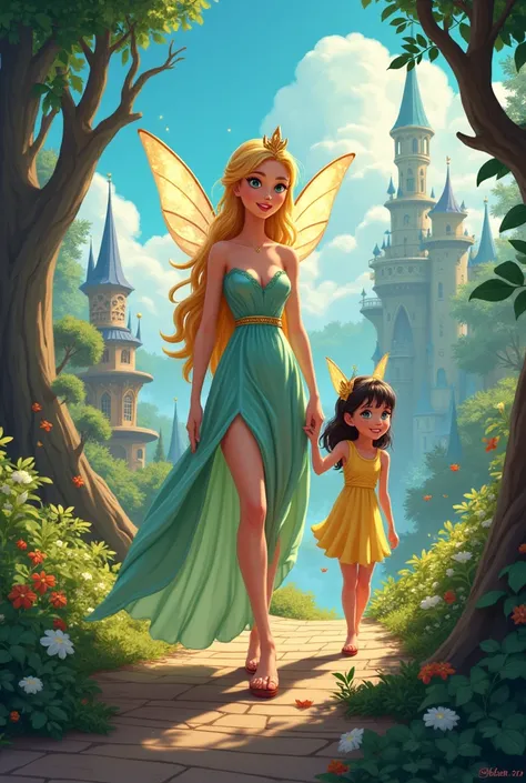 Cartoon: • Bella the queen of fairies taking Pihu a small girl back to her village, the magical fairy world fading in the background. The village comes into view as they descend. Pihu the small girl looks content, with a smile of accomplishment on her face...