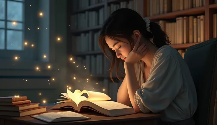 girl reading book in library, books with pages folded into a heart shape on a table, reading the book about love, an open book, open book page, book library studying, library background, curled up on a book, flowing book pages, library books, reading in li...