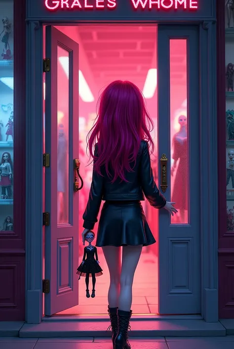 Redhead girl, bratz style, blue eyes, black skirt and black leather jacket. saliendo de una tienda misteriosa con una muñeca bratz style de cabello rojo violeta y vestido negro. (que este de espaldas la Redhead girl) and that the image is horizontal and yo...