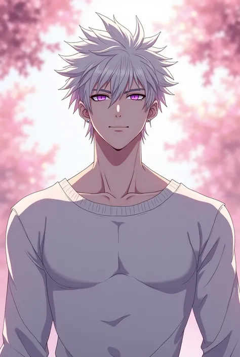 anime character, White hair, spiky hair, Pale skin, purple eyes, Long white eyelashes, male, muscular, white small earrings, big glossy lips, cherry blossom trees, grey eyebrows, white sweater,  