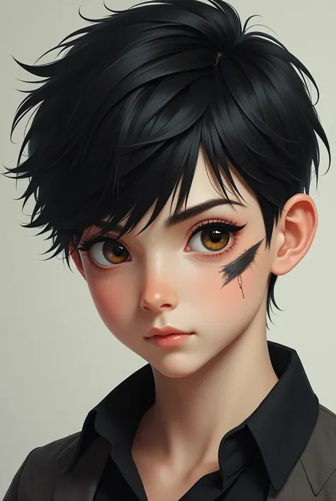 A black haired boy, cool cut, white skin and a scar on the eye.  realistic image. 