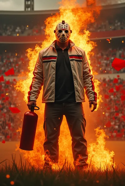 Jason Voorhees wearing white jacket with black and red stripes, covered in flames, and with a fire extinguisher in hand, behind him a stadium, fans with red flags 