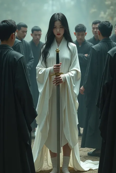 Asian girl with almond eyes, slim chicks, pale skin, soft hands, long loose black hair .She holds a sword in her soft, pale hands, her feet are covered with old white bandages, and around her men in long, black monk&#39;s cloaks worship her as a goddess. 