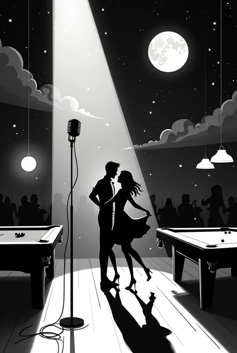 Create me an image that has a microphone, a couple dancing, a pool table and a moon in the background, and in the design you can also see the text bar siete noches. Let the design be abstract and black and white