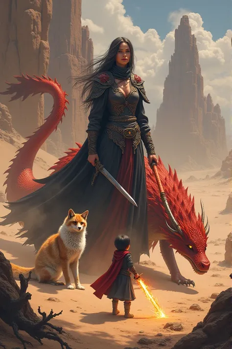 a witch; a silver cat; a scarlet dragon; a desert fox; a brave young short-haired warrior using a flaming sword 