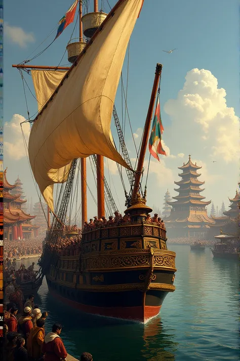 A large galleon carrying many Spanish conquistadors arriving excitedly in Beijing in the 16th century.