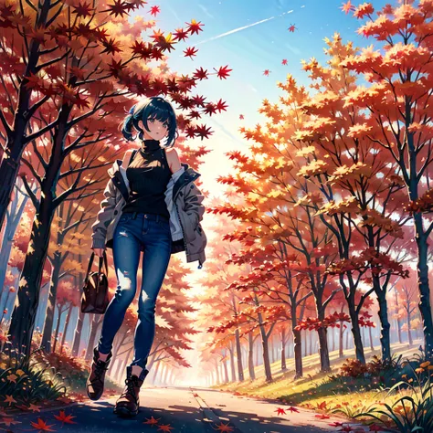 (1 lady, solo:1.4) ,Woman, (mature female),(hanging breasts:1.1),(Neat beautiful), (Breeze), BREAK, (dreamy watercolor:1.6, nostalgic atmosphere), (autumn landscape: 1.8), (sleeveless turtleneck sweater: 1.3),(skinny denim pants), lace-up boots, sitting on...