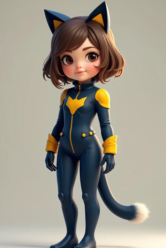 1 girl . king , brown eyes, Brown hair and yellow touches with a dark blue suit almost the entire suit and with several touches of light blue that suit is of a cat with a long, furry tail . It has a cat logo and a collar around its neck and has water and b...