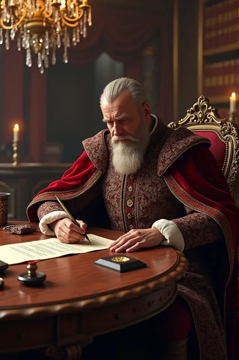 I need a picture of a 7 elegant looking man with medieval theme signing papers on the table with a pen