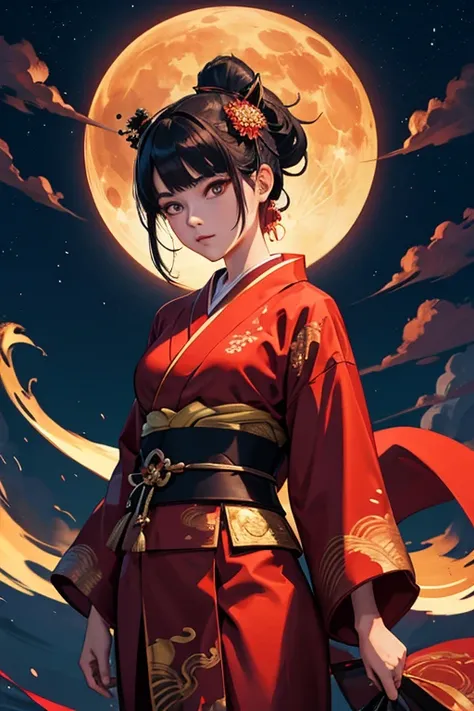 Samurai-style beautiful girl、The red kimono is embroidered with gold、Full moon on a moonlit night、Dragon in the background。