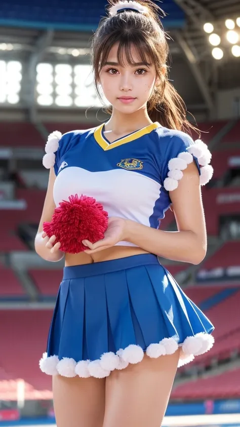 masterpiece,Best Quality,Very detailed,High resolution,(Realistic, photoRealistic:1.37),Excellent anatomy,Beautiful woman,Cheerleader,A small smile,Cheerleading,Cheerleader uniform,(shape),Micro Pleated Mini Skirt,((Holding large colorful pom-poms in both ...