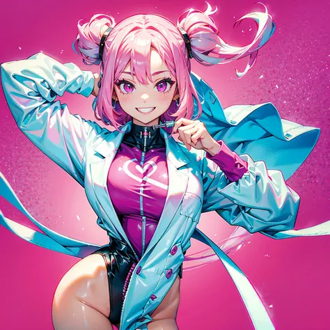 1girl、Dynamic composition、((Perspective Lens, A woman with long white and pink hair, Dynamic pose with a cute smiling face, He is holding a syringe bigger than himself towards the viewer.)) ((Pure Magenta Background:1.2)),Looks like she&#39;s in her early ...