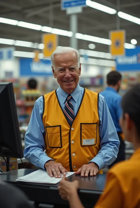 Joe Biden working at Walmart with a Walmart vest on 