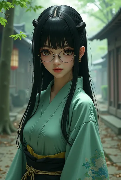 Girl with black hair and eyes, medium brown complexion, large canine teeth, big eyes long straight hair, with glasses, slim and medium-slender figure in a light green kimono, Demon Slayer style