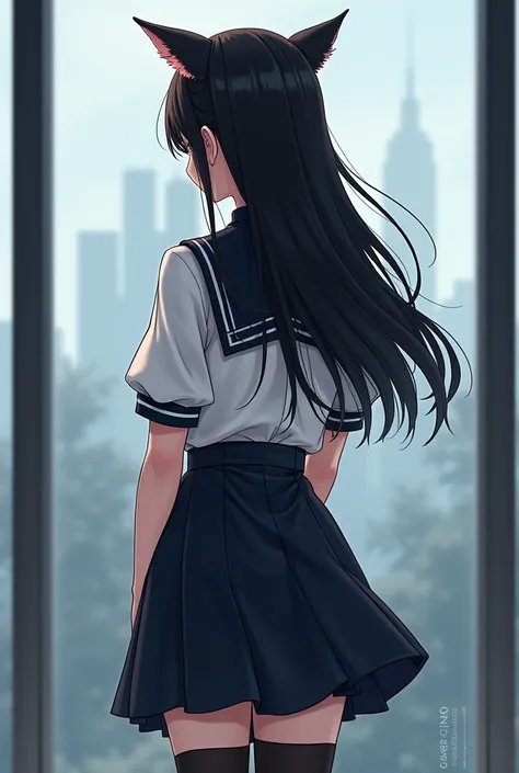 Wang Jiajia&#39;s head hits the glass wall to show Wang Jiajia&#39;s character characteristics from a rear perspective：
• Hair style and color：Long black hair with cat ears • eyes：Black•Clothing：White navy collared top，Black skirt，black stockings
