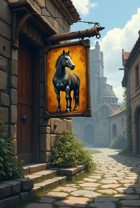 A weathered signboard by the door of this very old large building shows the faded image of a workhorse holding a flagon of ale. The building is
sagging and dilapidated, but it is more intact than the ruins across the road. 