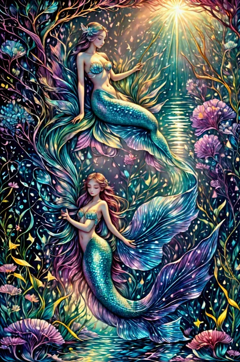 masterpiece, Best image quality, high quality, detailed, beautiful, art, Pastel colors,Watercolor,In the water、In the water、In the sparkling water、mermaid、,beautifulmermaid,幻想的なIn the water,4K Graphics,