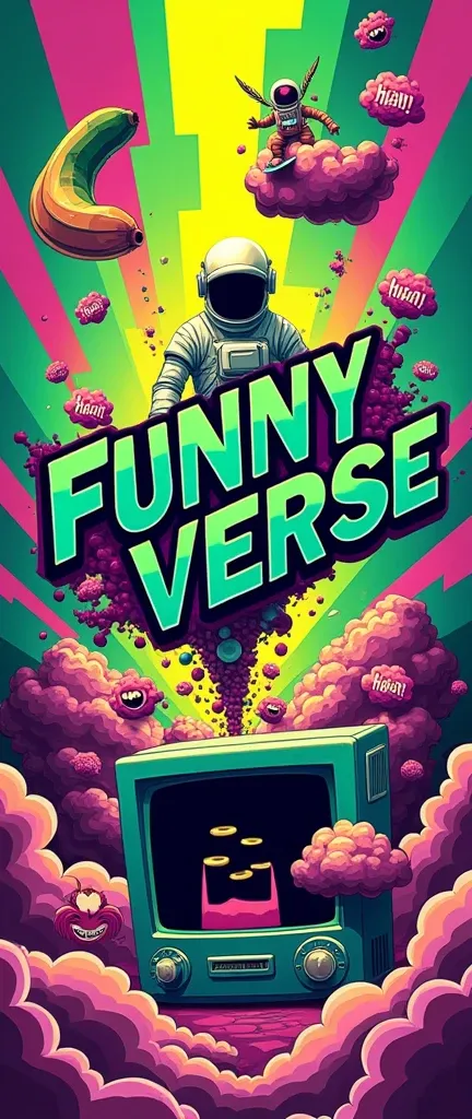 Imagine a chaotic and unexpected banner for Funnyverse. The background is a mix of absurd neon colors – lime green, hot pink and purple – forming disconnected geometric shapes, like triangles and spirals. in the center, the name "Funnyverse" appears in an ...