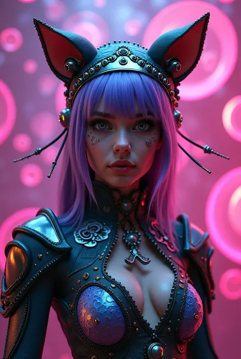 Eccentric, futuristic costume with intricate patterns. Adorned with cat ears and metallic accessories, enveloped in dramatic, colorful lighting. The atmosphere is vibrant and mysterious, with a richly detailed backdrop featuring abstract designs highlighte...