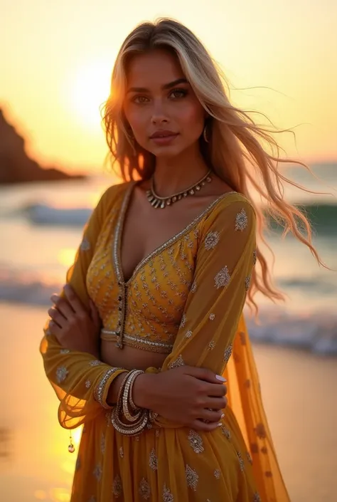 lovely cute young attractive indian girl, brown eyes, gorgeous actress, 2, cute, an Instagram model, long blonde_hair, colorful hair, summer, Indian, wearing salwar-kameez and dupatta, background Create a photo of an Indian Instagram influencer at the beac...