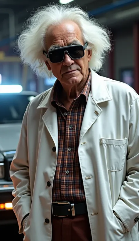 Realistic photo of Doc Emmett Brown from back to the future, white lab coat, delorean, flux capacitor, welding goggles,