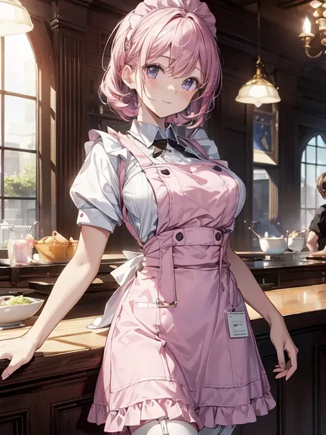 absurderes,(​masterpiece、top-quality、8K ),intricate detailes,ultra-detailliert、One Too Beautiful Beauty、A slight smil、Quiet restaurant、
(pink Family Restaurant Uniforms:1.2), (pink suspender skirt:1.4),(pink apron:1.2), (double-breasted,underbust:1.2), (pi...