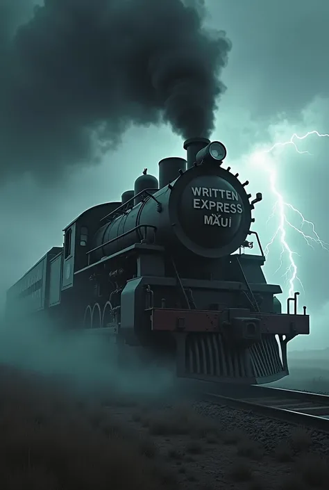 create an image of a scary train with dark and hostile weather written express Mauá.