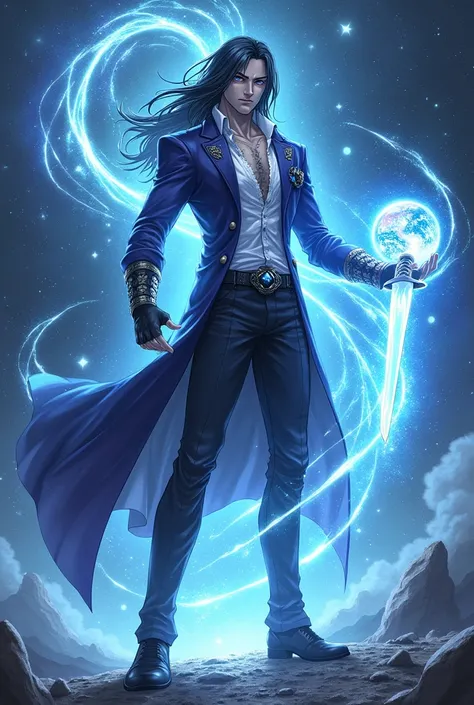 Gray-skinned man with blue and red eyes, long black hair, wearing torn dress clothes, black shoes, and a black gem on his chest, standing radiating power and with a universe in his hand and cosmic battle armor and a sword of pure blue anime-style energy.