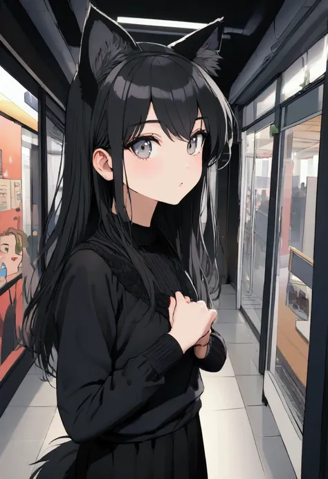 Female person, having black sweater on, black hair, black wolf ears, black wolf tail, at the age of 18, with grey eyes, in a modern world