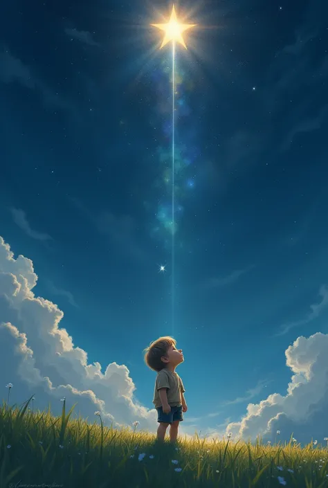 *a little boy* in a field looking up at the night sky when a bright star descends to meet him.