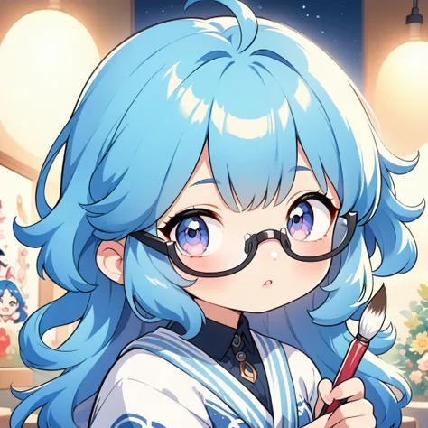 blue hair and glasses、cartoon girl holding a paintbrush, cute art style, anime moe art style, cute realistic portrait, ig studio...