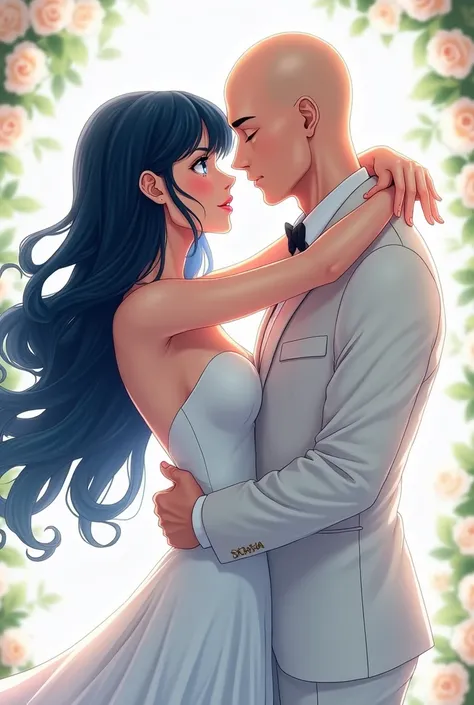 Fullbody image, female, dark blue wavy long hair with bangs, blue eyes, pink lips, beautiful gentle face, long legs, fair skin, sexy body, big , standing, dancing with a bald man with blue eyes, white suit, wedding day, anime, front view, beautiful hands, ...